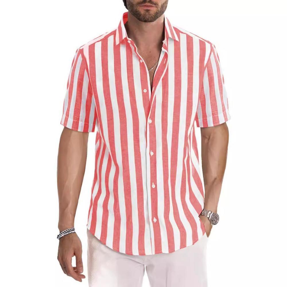 Summer Men's Casual Sports Striped Short Sleeved Lapel Shirt