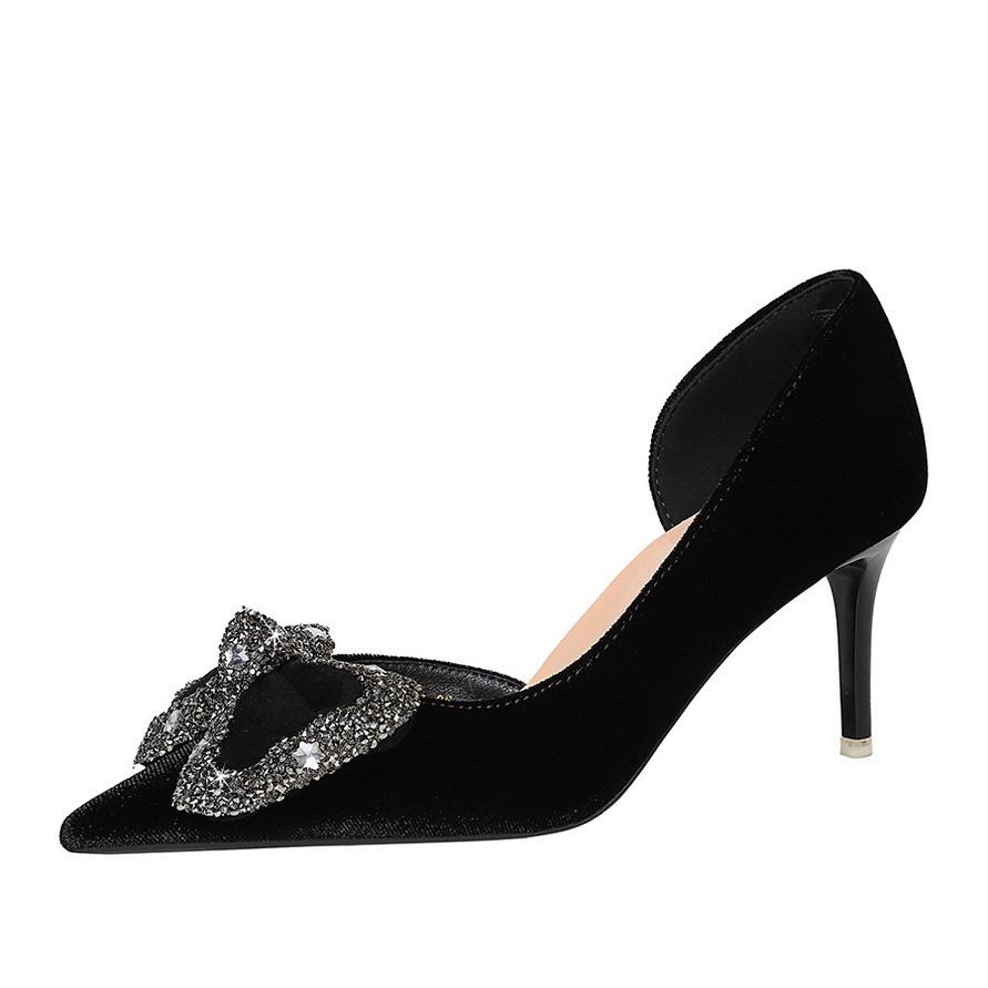 

7CM European Style Black Women Pumps, Rhinestone Bow Decor Pointed Toe Hollow Out Side Shoes, Sexy Shallow Mouth Stiletto Heels for Party Banquet 34 чёрный