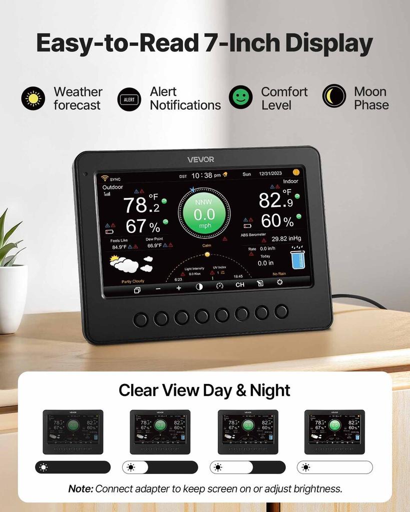 7-in-1 Wi-Fi Weather Station, 177.8 Mm TFT Display, Wireless Solar Powered Outdoor Sensor, Rain Gauge, Indoor Outdoor for Weather Forecast, Wind Speed