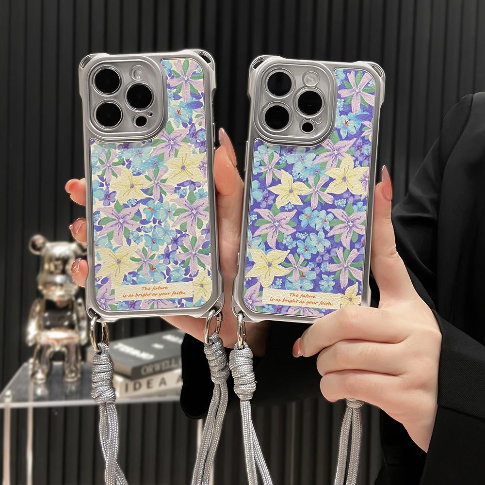 Suitable for iPhone 16Pro Mobile Phone Case Niche Advanced Full Screen Purple Flower Messenger Lanyard Apple 15 Protective Case