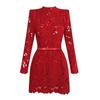 Autumn Red Lace Zipper Dress: Long Sleeve Christmas Style Women's Fashion