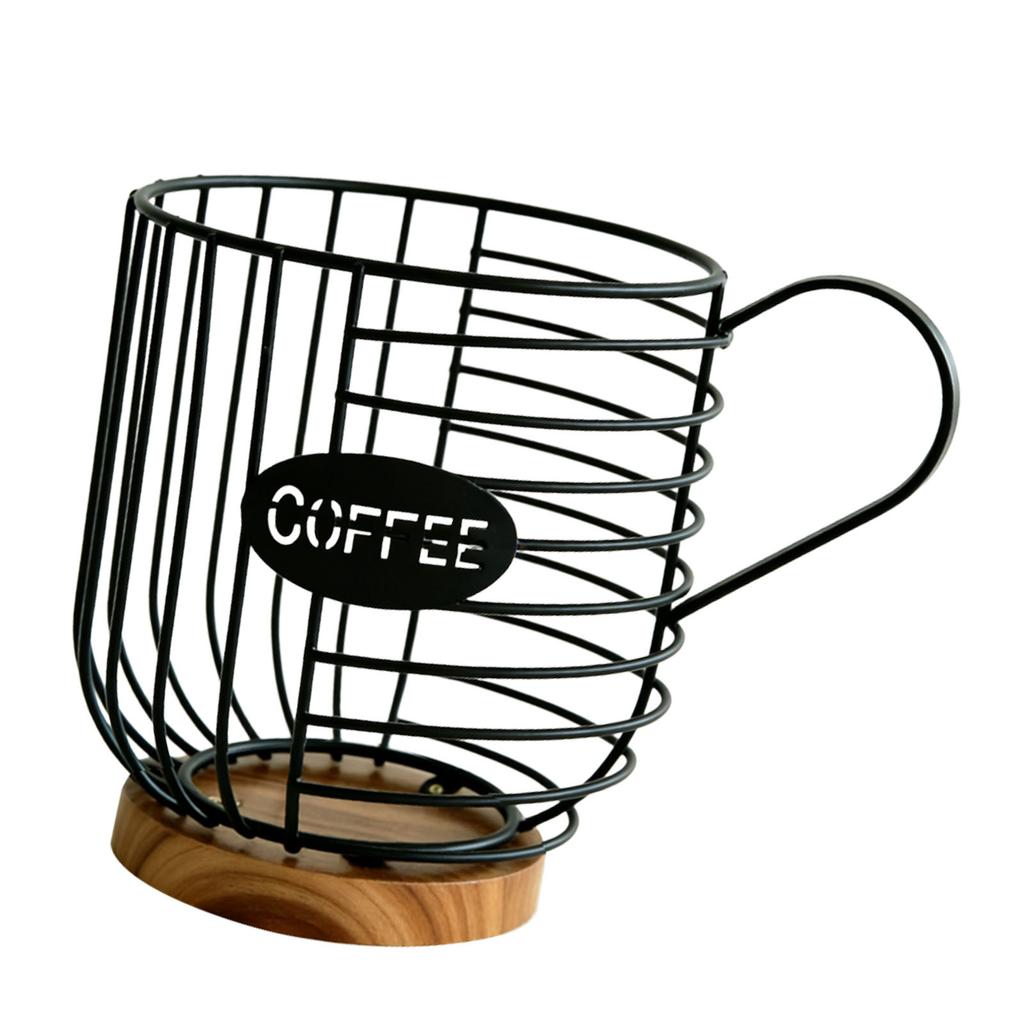 Metal Coffee Pod Wire Basket with Wooden Base Large Capacity Coffee Pod Holder for Kitchen Countertops Coffee