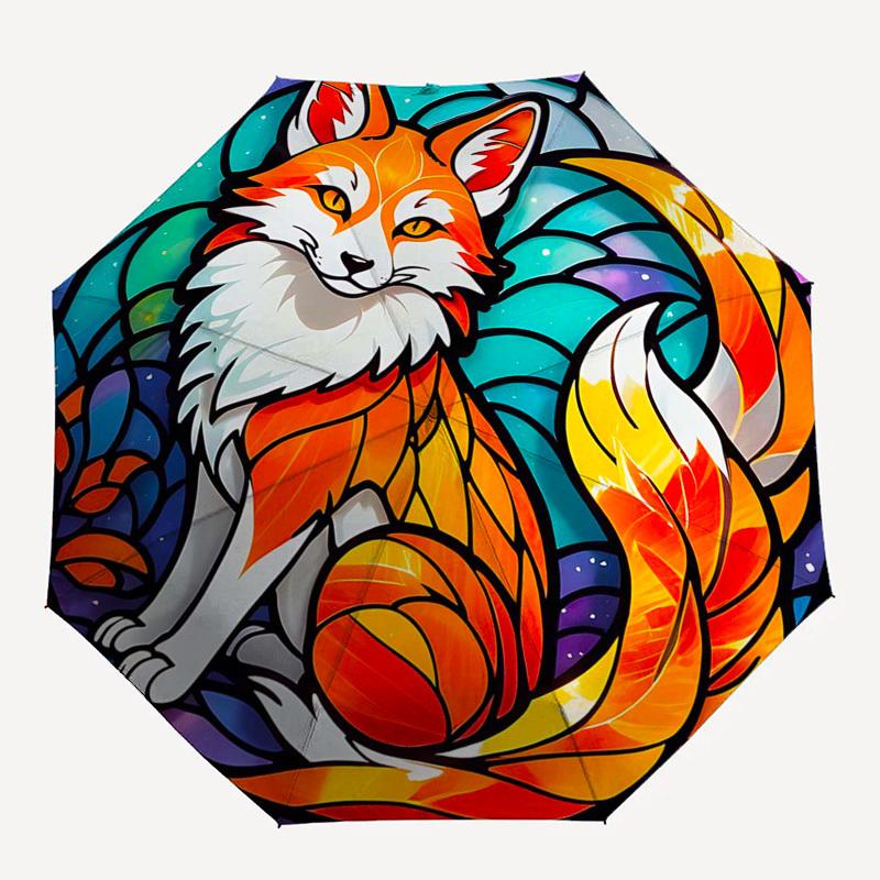 1 Stück Buntglas-Fuchs-Design Automatischer Faltregenschirm - Tragbares 3-fach faltbares Design mit 8-Speichen-Eisenrahmen, Outdoor, Ideales Geschenk für Fans, Reisende, Täglichen Gebrauch