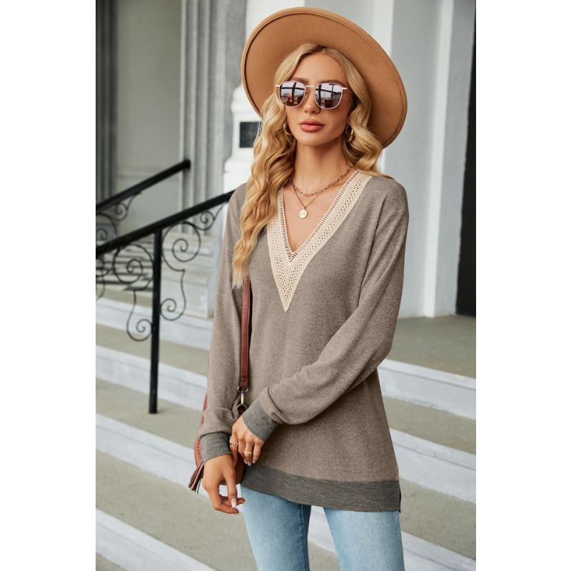 Autumn and Winter Lace V-neck Contrasting Contrasting Slit Loose Long-sleeved T-shirt Tops for Women