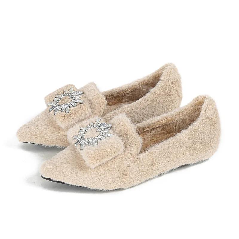 Fashion Classic best-selling casual plush flat shoes for women's outerwear, plush winter rhinestone pointed shallow cut flat shoes