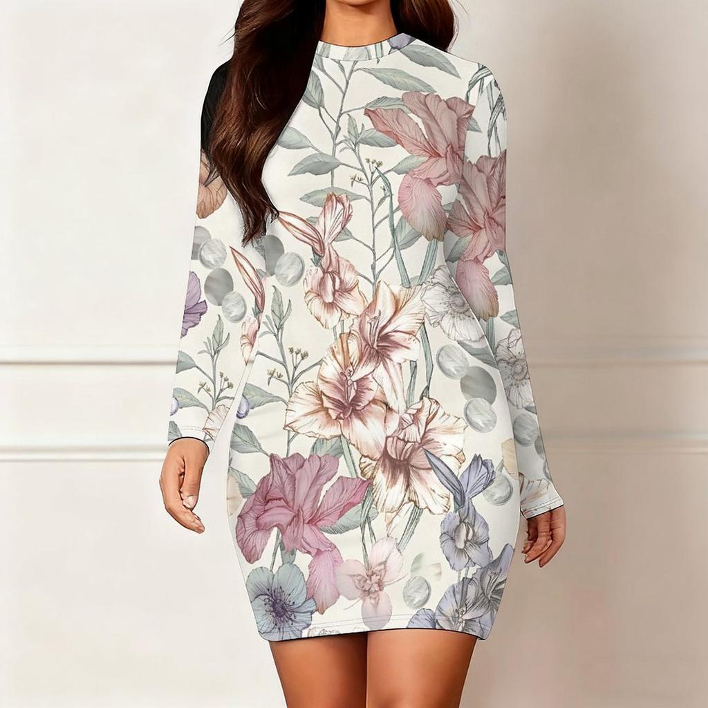 2025 Outono e Inverno Novo Estampa Floral 3D e Tingimento Moda Feminina Manga Longa Gola Redonda Vestido Envolvente de Quadril Dia dos Namorados Limitado