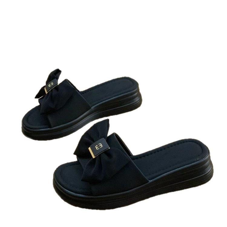 Internet Celebrity Platform Slippers 2025 Women's Summer New Outer Wear Fashion Non-slip Heightening Bow Summer Versatile Word