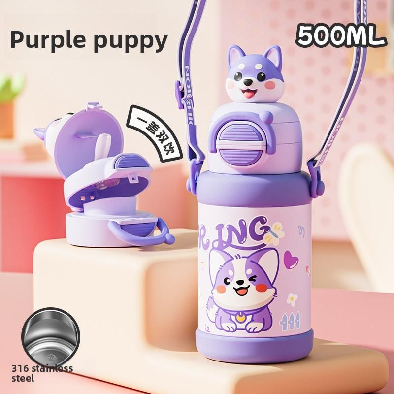 Cartoon Pattern Cat Children Vacuum Flask With Carry Strap For School And Travel