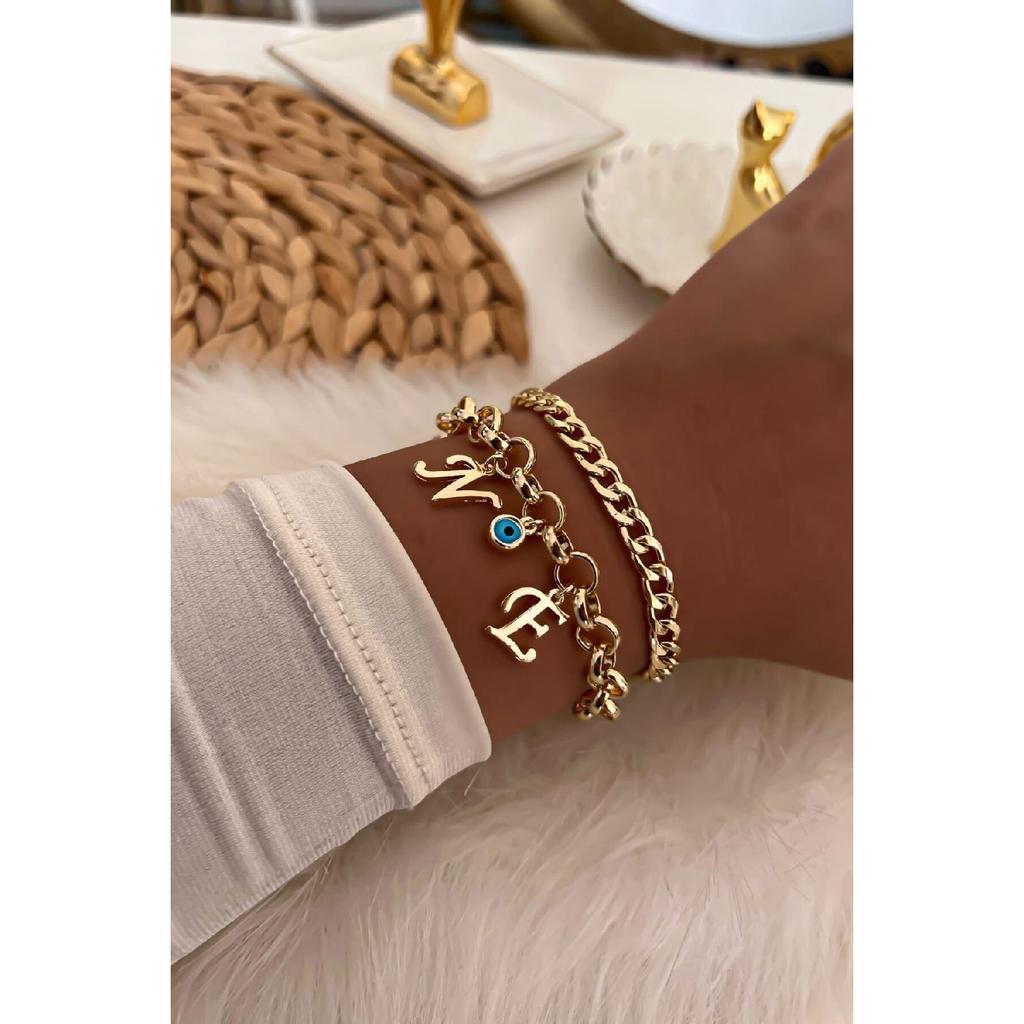 Goldfarbene Buchstaben, wählbar, böser Blick, detaillierte Kettenarmband-Kombination 20