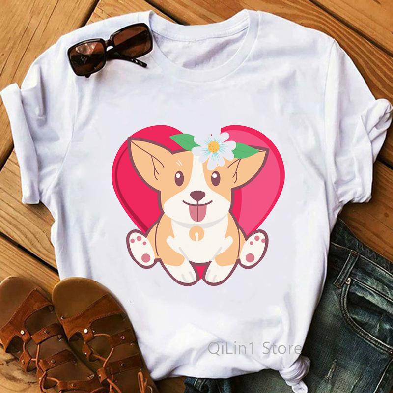 

Women Clothes 2025 Summer Cartoon Corgis Print Funny Graphic T Shirts Girls Cute Top Female T-Shirts Dog Lover Birthday Gift Tee XXXL білий