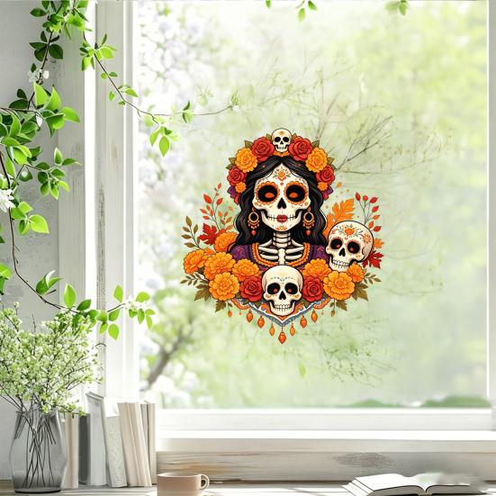 Unique Gift for Mexican Culture Fans Day of The Dead Window Clings, Dia De Los Muertos Sticker, Colorful Decorative Film Parties Sugar Skull