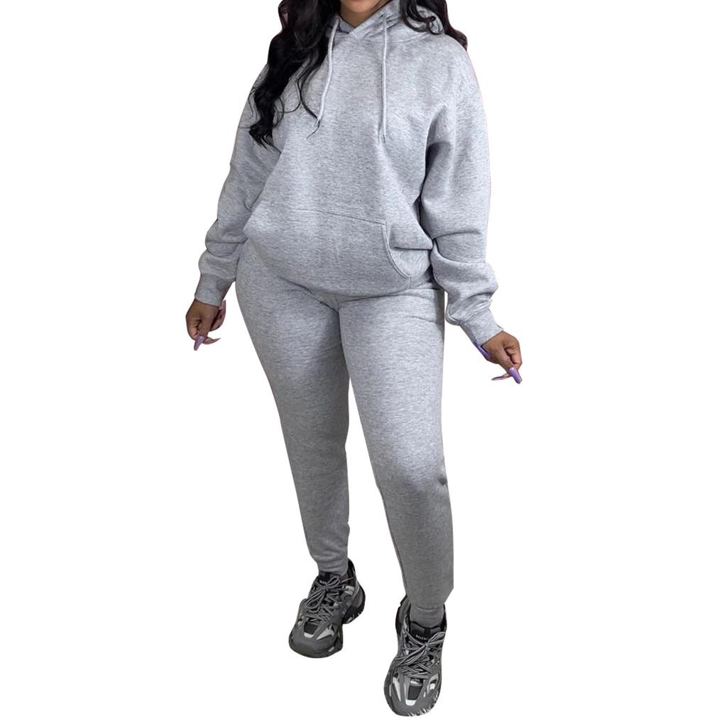 Europäischer & Amerikanischer Damen Einfarbiger Hoodie Zweiteiliger Plus Samt Laufanzug - Herbst/Winter Sportbekleidung