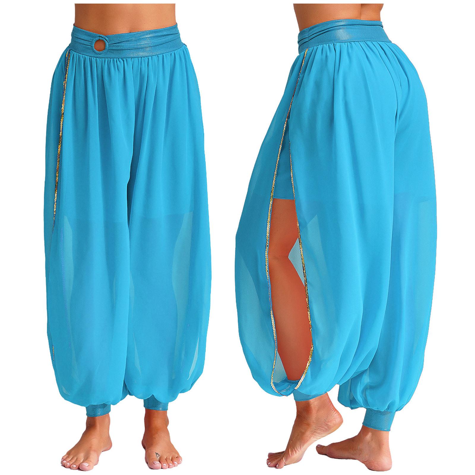 

Women s Chiffon Belly Dance Pants Ruched Waistband Side Split Pants Performance Costume One Size світло-синій колір