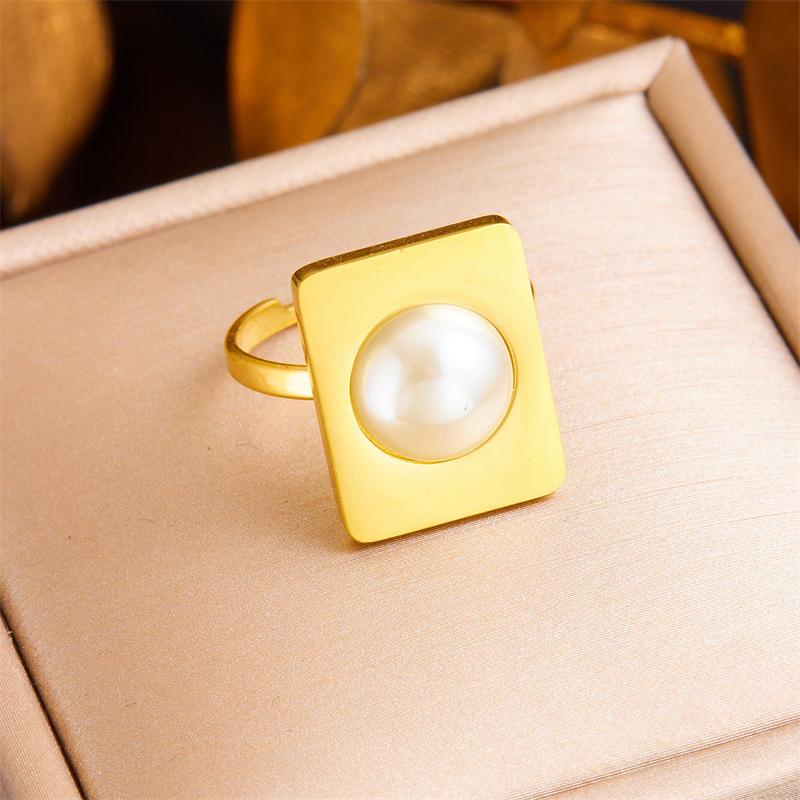 

Gold Plated Stainless Steel Square Pearl Open Statement Ring for Women золотой