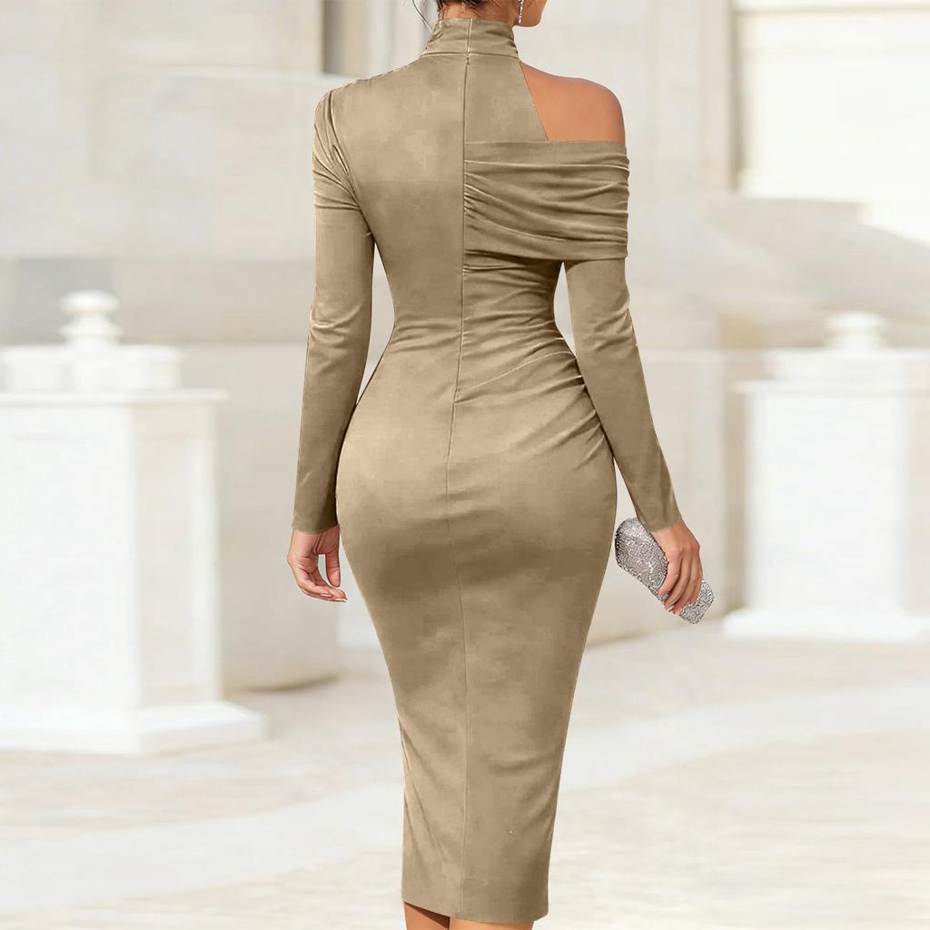 Women’s Asymmetric One Shoulder Long Sleeve Bodycon Midi Dress with High Neck and Front Slit for Formal Occasions