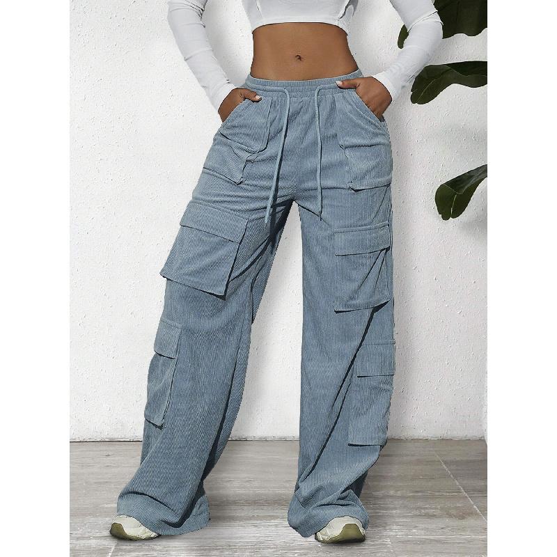 Women's Cargo Pants Spring/Summer New Wide-Leg Pants Casual Simple Tie-Waist Multi-Pocket Long Pants