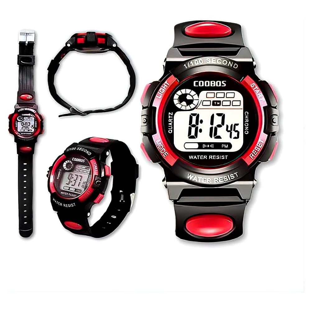 Tsudoi Kids Digital Sports Watch Waterproof Red with Timer and Alarm for Boys and Girls