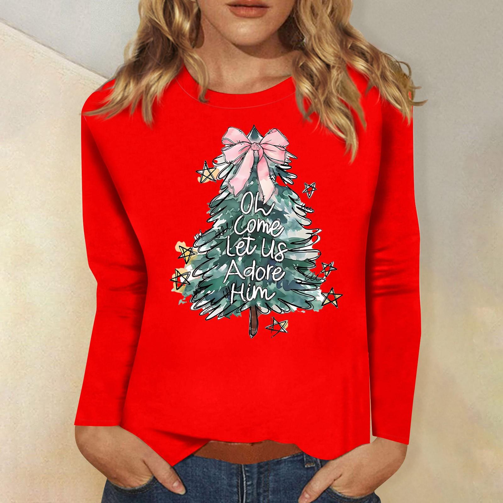 

Женский повседневный повседневный топ с длинными рукавами и рождественским принтом с круглым вырезом M красный
