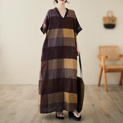 Plus Size Summer V-Neck Loose Dresses Large Size Long Beach Dress Retro Maxi Dress Holiday Style Casual Dress