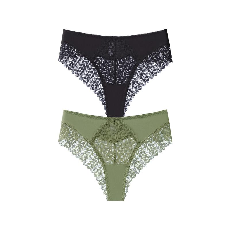 TERMEZY 2Pcs/Lot Sexy Mid Rise Patchwork Briefs Hollow-out Lace Pattern Panties Solid Color Breathable Skin-fit Briefs
