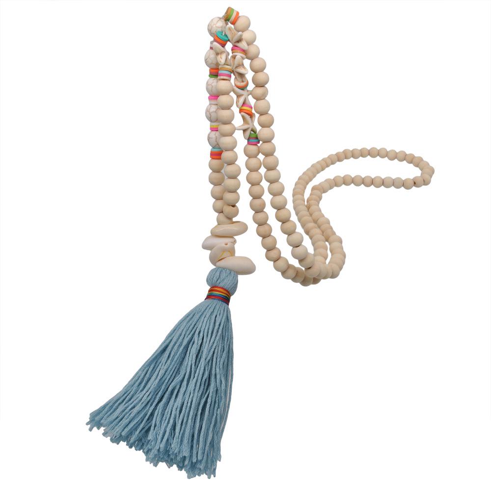 Handmade Bohemian Wooden Bead Necklace with Peace Symbol Pendant and Tassel