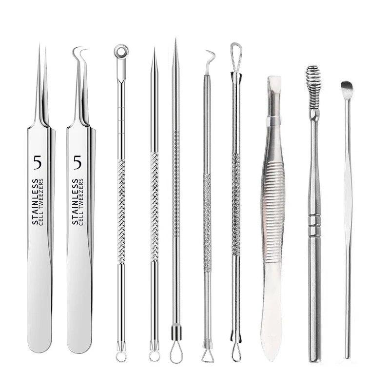 

10pcs Pimple Pin Double Bend Squeeze Needle Squeeze Rod Scraping Blackhead Stainless Steel Electroplating Acne Needle Ear Pick серебряный