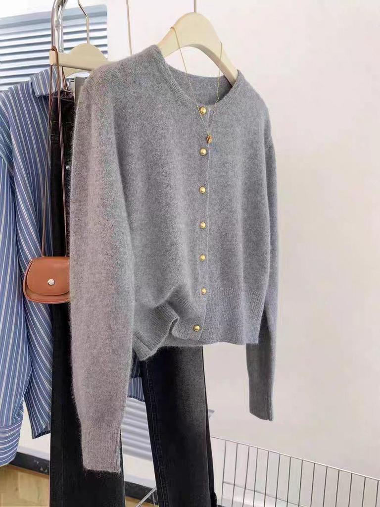 2025 Women's Pure Wool Round Neck Cardigan - Autumn/Winter Slimming Knit Cashmere Sweater Coat