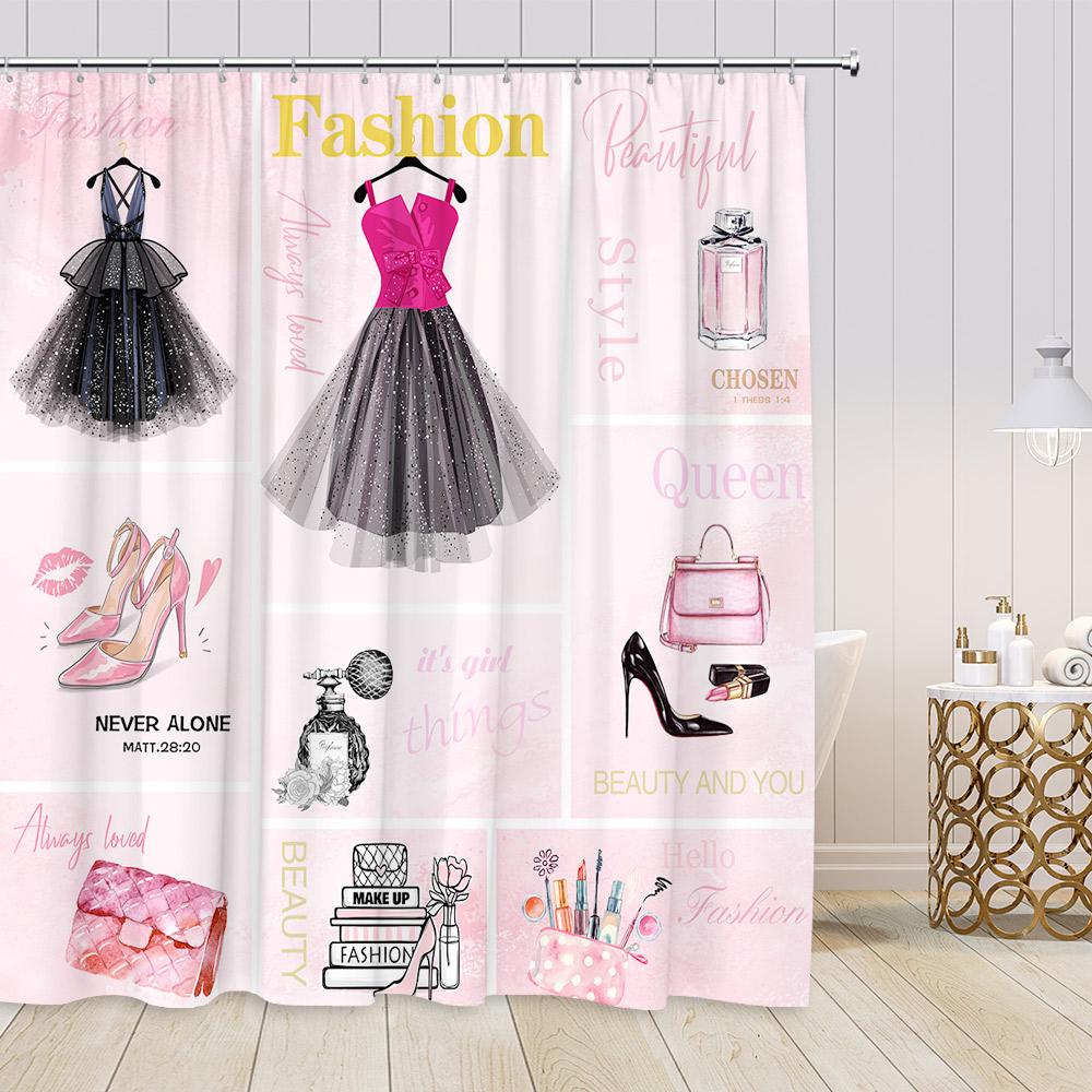 Pink Perfume Fashion Shower Curtains Cosmetics High-heels Dress Floral Bathroom Decorations Girl Vintage Bath Curtain with Hooks