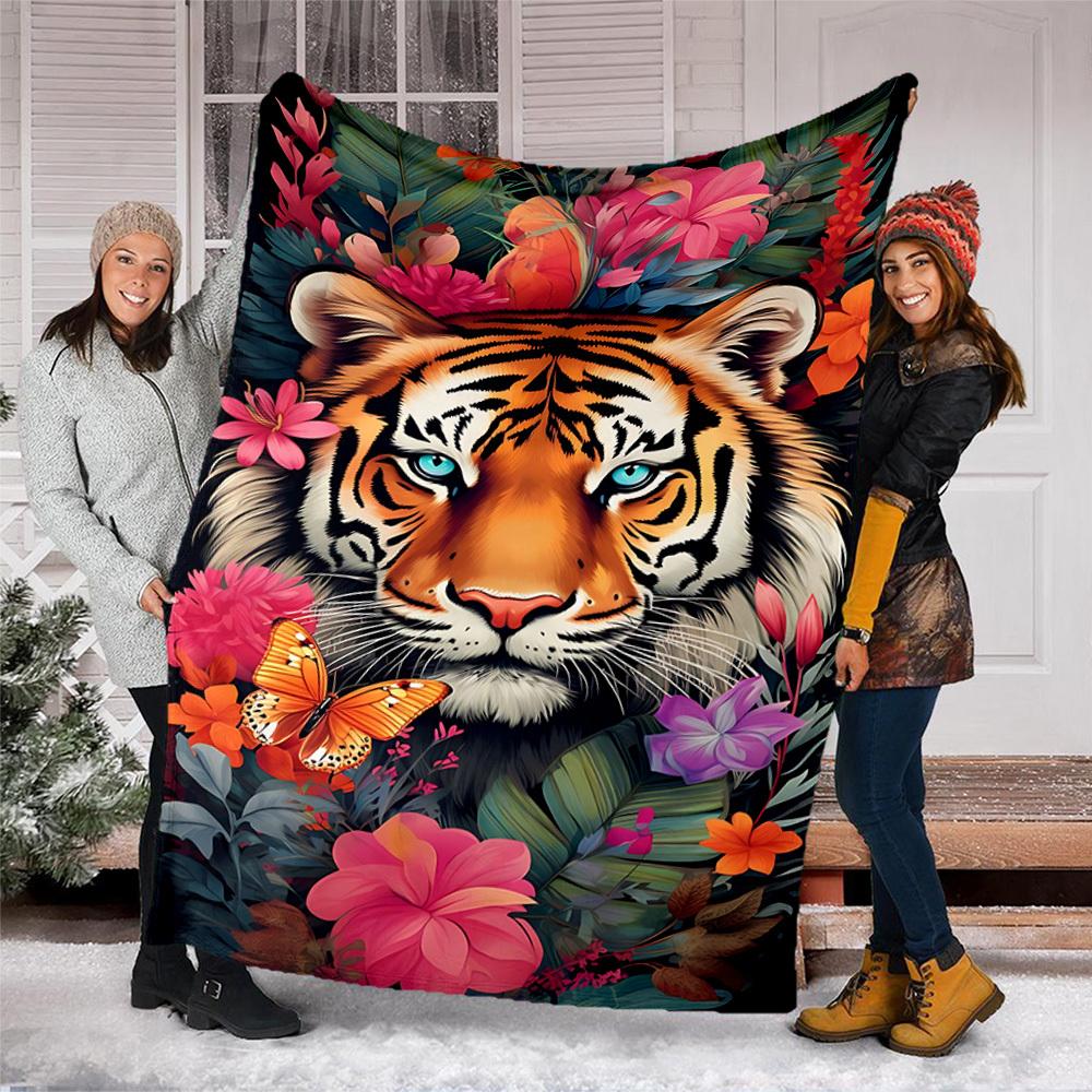 1pc Tiger Floral Print Print Outdoor Blanket, Lightweight Polyester,