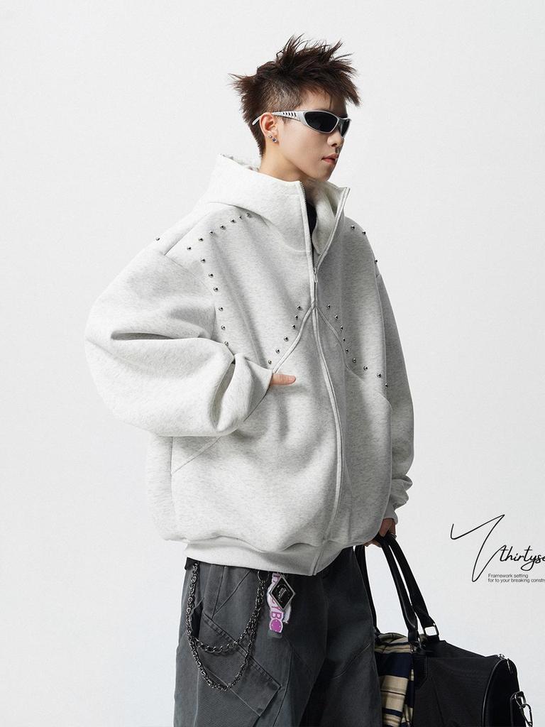 Unisex Pánský/Dámský Těžký Mikinový Svetr s Nýty - Podzim/Zima 2025 Trendy Volná Bunda