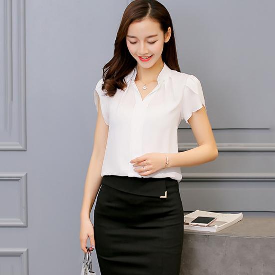 Office Lady Formal Summer Solid Color Chiffon Blouse V Neck Short Sleeve Shirt