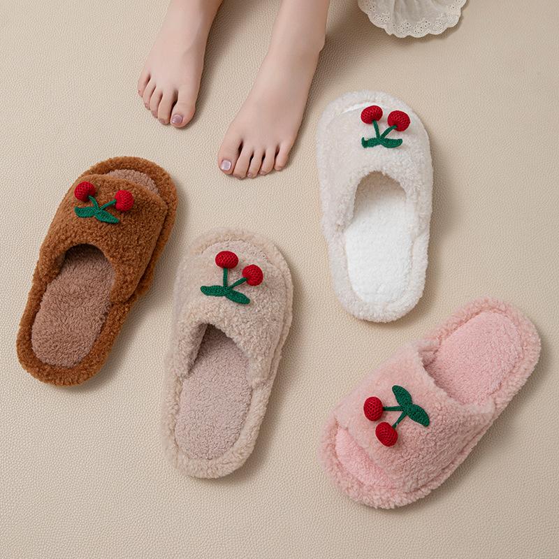Cherry open cotton slippers ins warm fluffy slippers cherry contrasting plush slippers