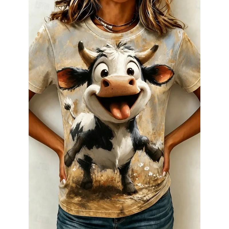 Lustiges Blumenkranz Kuh T-Shirt für Damen Kleidung 3D Lustiges Tier Sommer T-Shirts, Western Cottagecore Damen Oberteile Geschenk