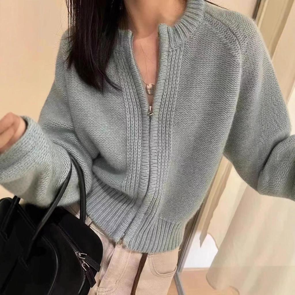 2025 Autumn Winter Pure Wool Double Zipper Women's Round Neck Fluffy Loose Knit Sweater