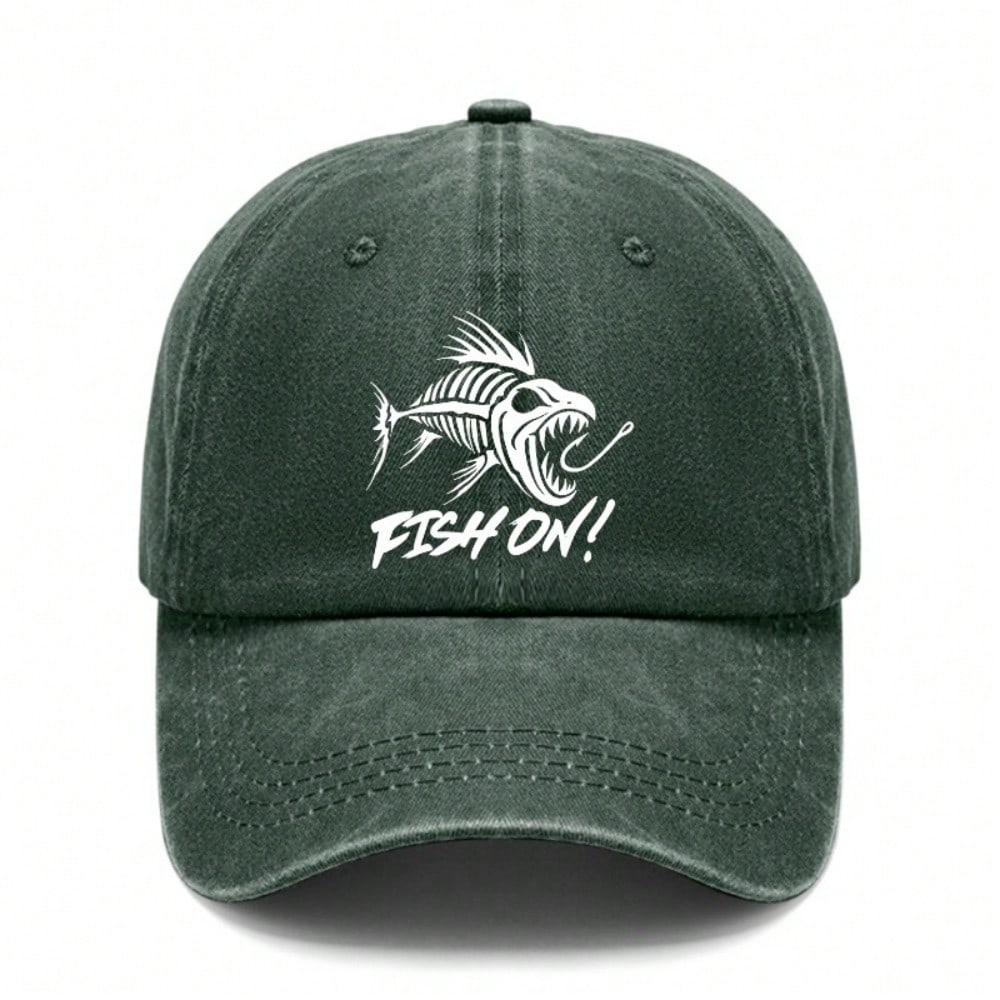[Fishing Baseball Cap] Vintage Washed Unisex "FISH ON!" Print Polyester Adjustable Curved Brim Outdoor Sports Hat For Camping Beach Daily Wear - Dad