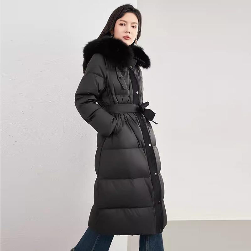 

Женский длинный пуховик из гусиного пуха, зимний новый 2025, утолщенный, с большим меховым воротником, теплый, приталенный, модный S