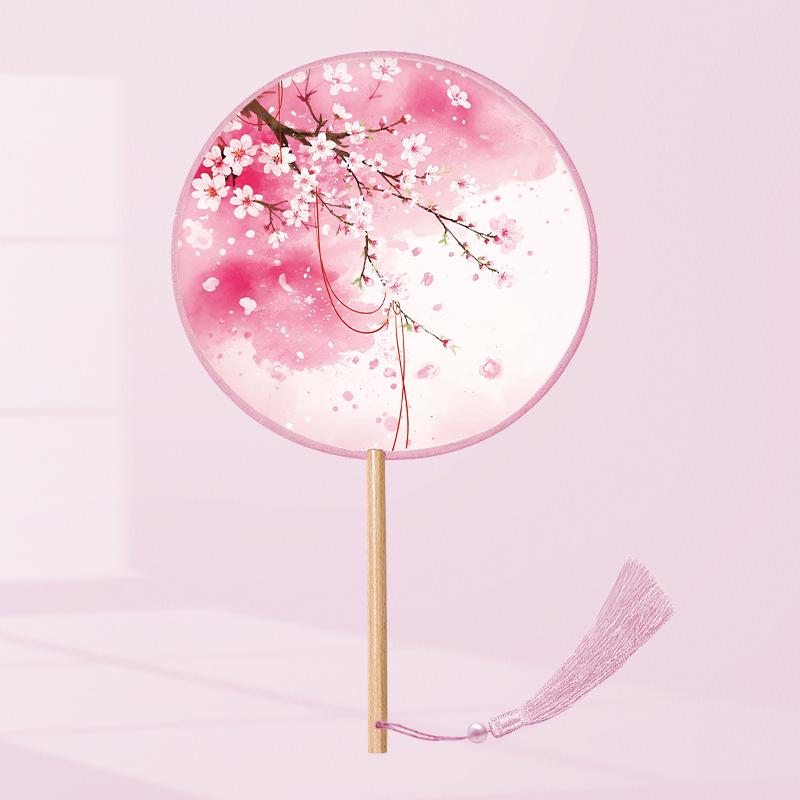 Girls' Summer Hanfu Dance Fan: Long Handle, Double-Sided Embroidered Round Fan for Traditional Costume