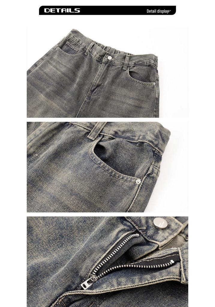 Yadu Unisex Retro Hong Kong Style Washed Denim Pants - Loose Straight Leg Casual Pants