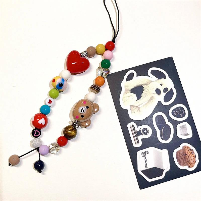 

INS Y2K Cartoon Bear Phone Chain Lanyard Charm Strap Rainbow Heart Beaded Cute Camera Strap Sweet Girl Kawaii Keycord Gift