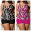 European & American 2024 Plus Size Printed Halter Backless Ruched Bikini for Women