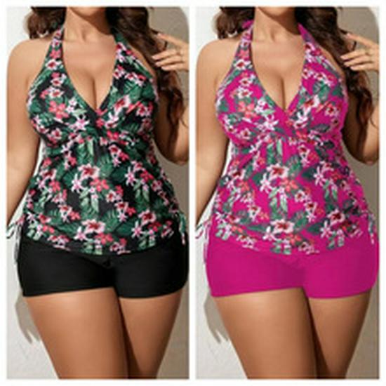 European & American 2024 Plus Size Printed Halter Backless Ruched Bikini for Women