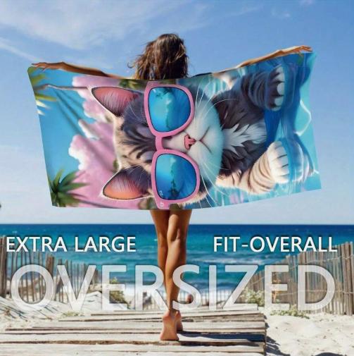 Thickened Extra-Large Beach Towel Pink Cat Pattern Suitable for And Swimming Enthusiasts An Extra-Large Soft Beach Towel