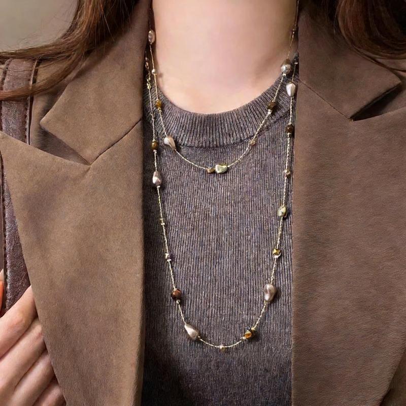 

1Pcs Retro Stackable Glass Bead Sweater Neck Chain Multi-layer Tiger s Eye Stone Necklaces For Women Charms Jewelry Gifts