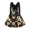 Vestido retrô feminino casual com decote em V e manga comprida, estampa retrô de Natal