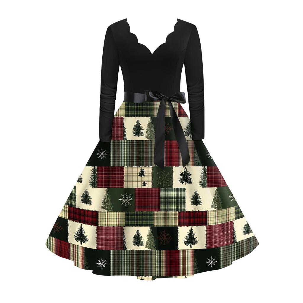 Vestido retrô feminino casual com decote em V e manga comprida, estampa retrô de Natal