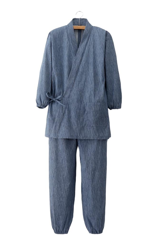 Little Island Men's Refreshing Samue (Blue/Sizes 4L-5L) - Takashima Chijimi Fabric, Made in Japan, 100% Cotton, Top and Bottom Set
