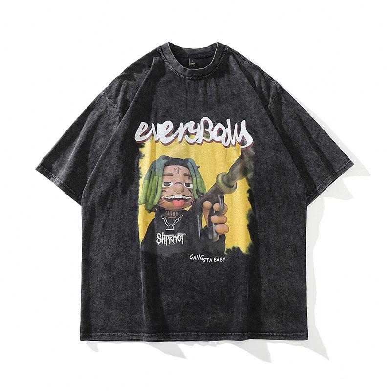 Washed And Old Small Neckline Short-Sleeved T-Shirt Men'S Harajuku Hiphop Retro Pure Cotton Heavy Trendy Brand Half-Sleeved Tee