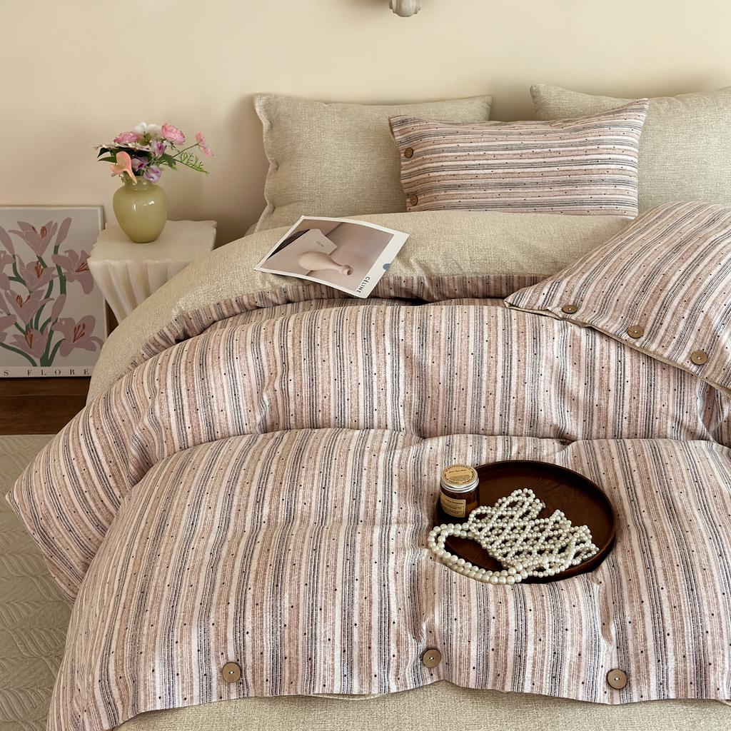 Sleep Grid 140g Thick Linen Retro Japanese Button Set Four Piece