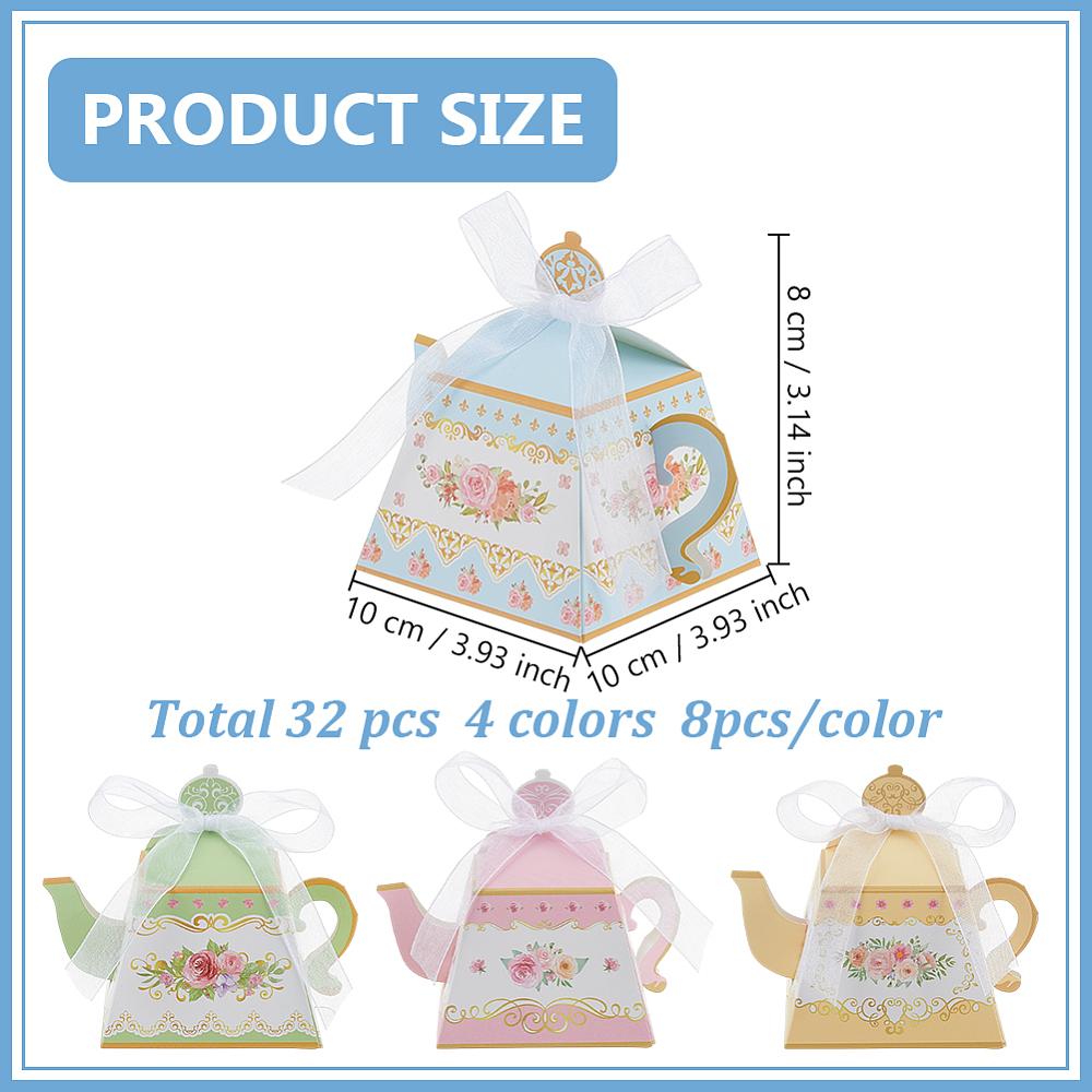 32 Sets 4 Colors Cardboard Candy Storage Boxes with Polyester Ribbons Flower Teapot Shape Mixed Color 8.5x8.5x10.5cm 8 Sets/color