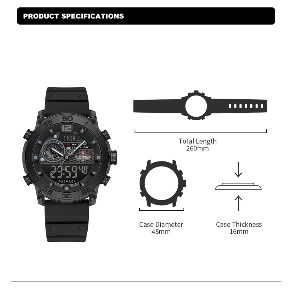 NAVIFORCE Men's Sports Watch Quartz Movement LCD Digital Watch Date Day Chronograph Waterproof Silicone Strap Boys Multifunctional Watch NF6104